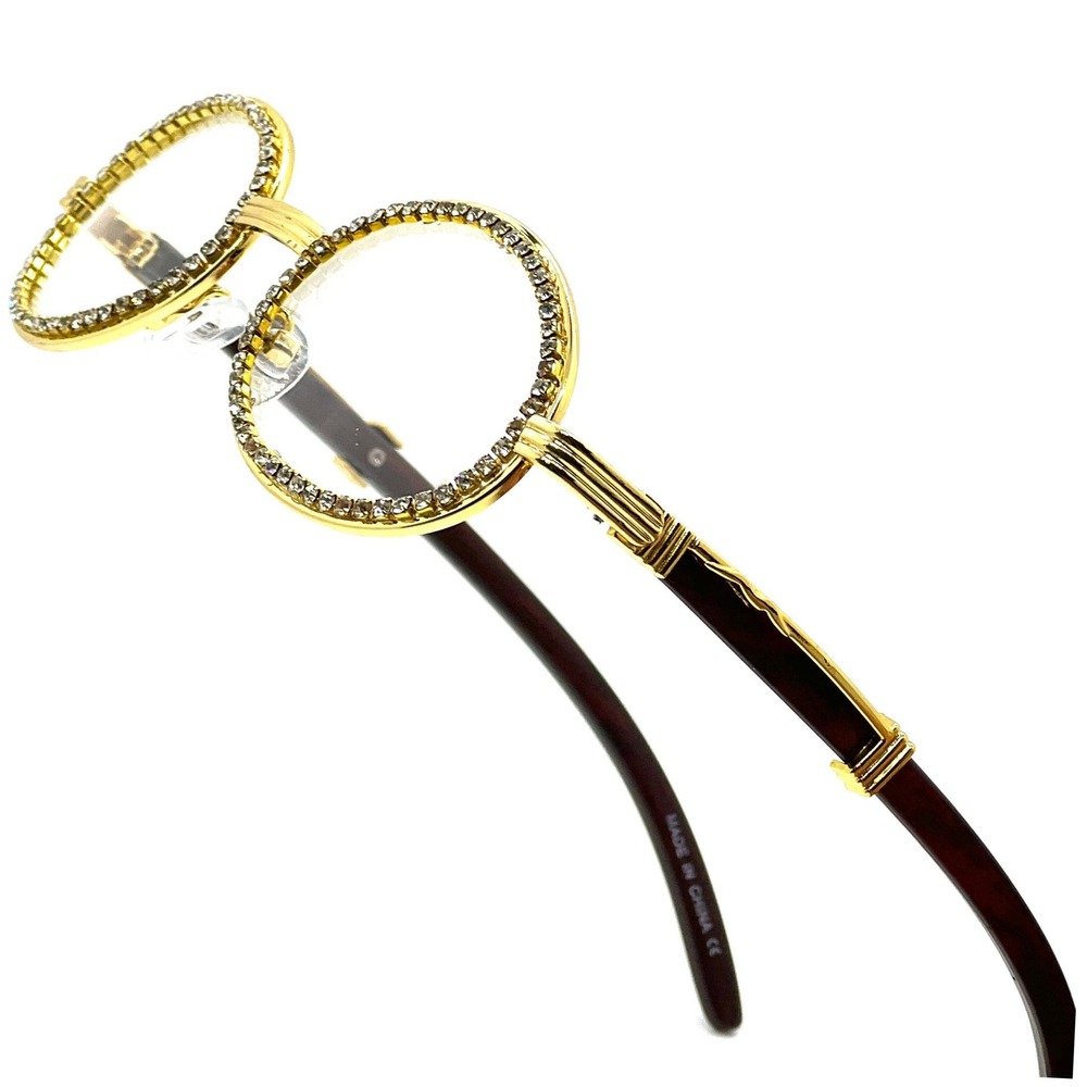 Rhinestone Sunglasses Oval Frame Gold Wood Tone Hip Hop Fashion Men Street Wear